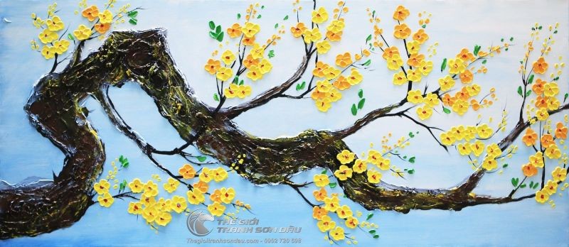 Tranh Vẽ Bay Dày Màu Hoa Mai Vàng Nền Xanh.jpg