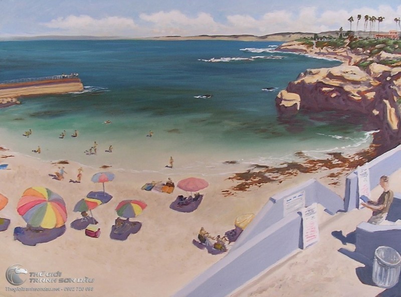 Tranh Vẽ Biển Và Bãi Cát Với Nhiều Người Nghỉ Ngơi.jpg