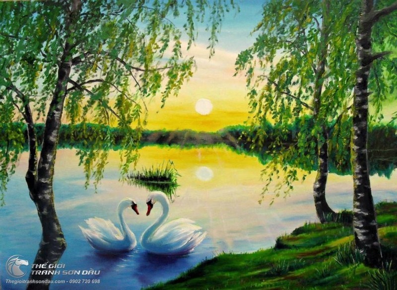 Tranh Vẽ Đôi Uyên Ương Thiên Nga Và Hoàng Hôn.jpg