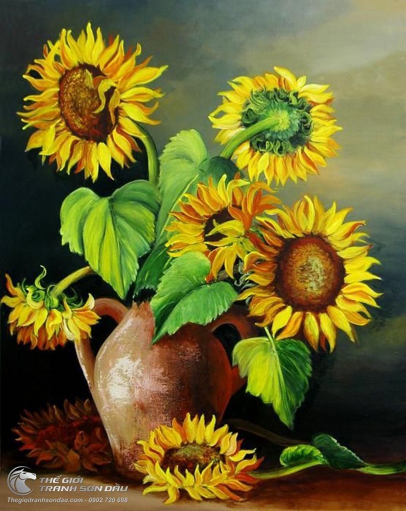 Tranh Vẽ Hoa Hướng Dương Cắm Trong Bình Đất Sét.jpg