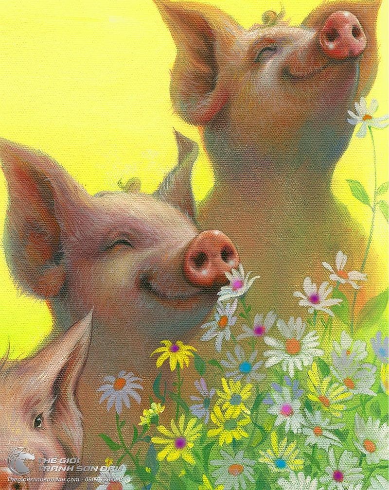 Tranh Vẽ Những Chú Heo Và Những Bông Hoa Cúc.jpg