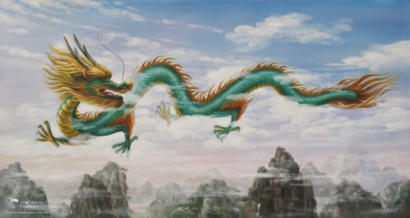 Tranh Vẽ Rồng Xanh Bay Trên Núi.jpg