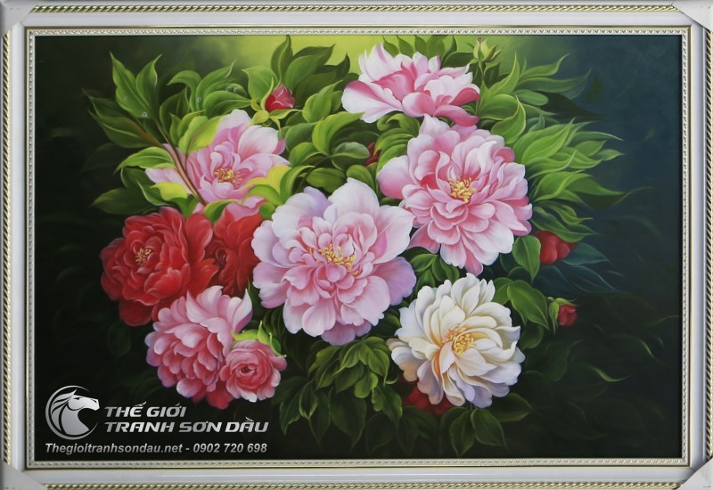 Tranh vẽ sơn dầu chín bông hoa mẫu đơn.jpg