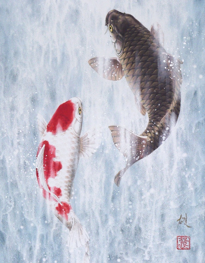 Tranh vẽ song ngư vượt thác.jpg