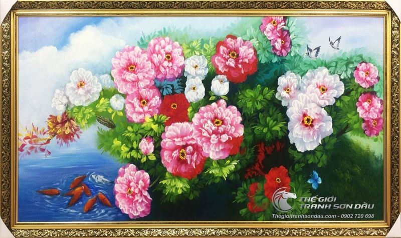 Tranh Vườn Hoa Mẫu Đơn Bên Hồ Cá.jpg