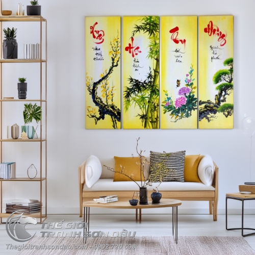 Bộ 4 bức tranh Mai Trúc Cúc Tùng xuân hạ thu đông sơn dầu