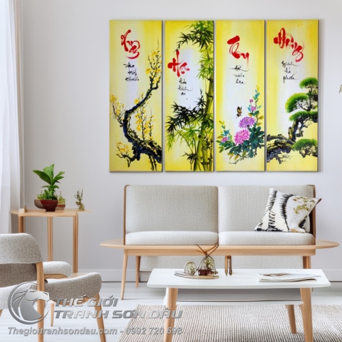 Bộ 4 bức tranh Mai Trúc Cúc Tùng xuân hạ thu đông sơn dầu