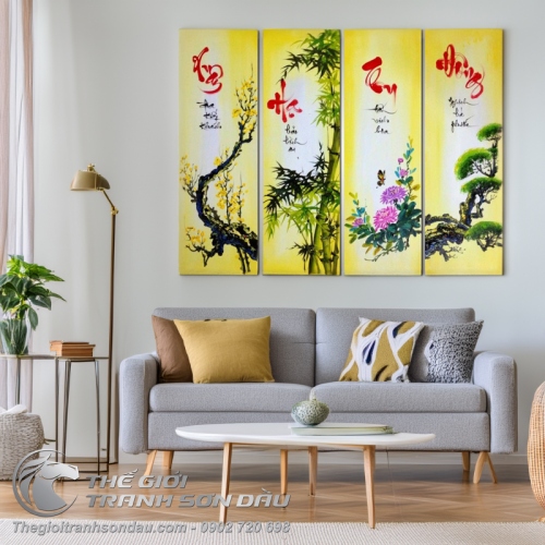 Bộ 4 bức tranh Mai Trúc Cúc Tùng xuân hạ thu đông sơn dầu