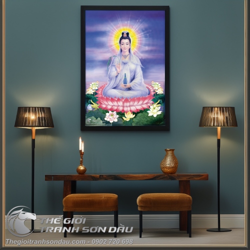Bức Tranh Sơn Dầu Phật Quan Âm Ngồi Đài Sen Đẹp