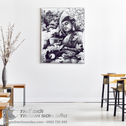 Mẫu Tranh Phật Ngồi Trăng Đen Vẽ Sơn Dầu