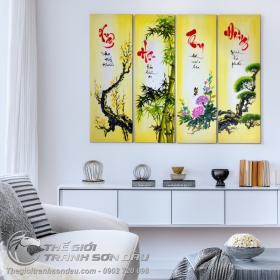Bộ 4 bức tranh Mai Trúc Cúc Tùng xuân hạ thu đông sơn dầu