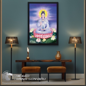Bức Tranh Sơn Dầu Phật Quan Âm Ngồi Đài Sen Đẹp