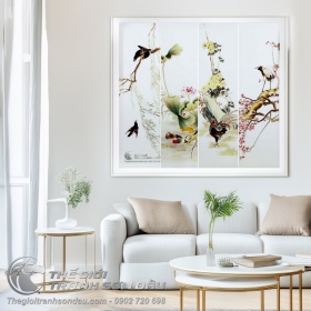Tranh Bộ Tứ Quý Chim Gà Vịt Sếu và Hoa