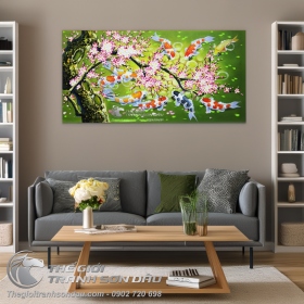 Tranh Cá Chép (Cá Koi) Chín Con Dưới Gốc Đào