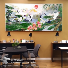 Tranh Chim Hạc Liễu Rũ Mặt Trời Đỏ