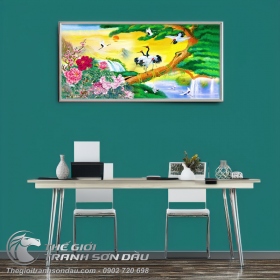 Tranh Chim Hạc Trên Cây Tùng Và Mẫu Đơn