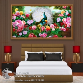 Tranh Đôi Chim Công Hạnh Phúc và Hoa Mẫu Đơn