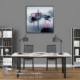 Tranh Hoa Sen Hồng Nền Xám