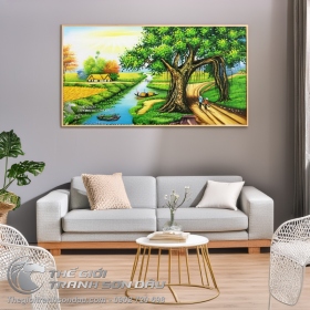 Tranh Phong Cảnh Làng Quê Việt Nam Cây Đa Cánh Đồng