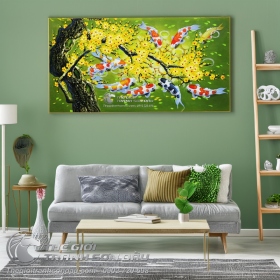 Tranh Phong Thủy Cá Chép và Gốc Mai Vàng Đắp Bay