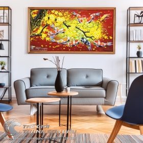 Tranh Sơn Dầu Cá Chép Hoa Mai Nền Màu Đỏ