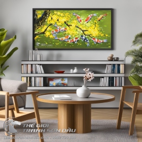 Tranh Sơn Dầu Cá Chép Hoa Mai Nền Xanh Lá