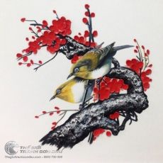 Tranh Sơn Dầu Đôi Chim và Cây Hoa Đắp Nổi