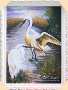 Tranh Sơn Dầu Đôi Cò Đang Đi Kiếm Ăn