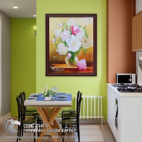 Tranh Sơn Dầu Lọ Hoa Mẫu Đơn Tả Thực