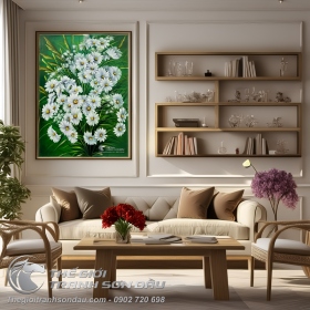 Tranh Sơn Dầu Nghệ Thuật Hoa Cúc Trắng Nở Tươi Màu