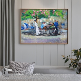 Tranh Sơn Dầu Nghệ Thuật Nữ Sinh Dắt Xe Đạp