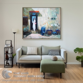 Tranh Sơn Dầu Nữ Sinh Áo Dài và Xe Vespa