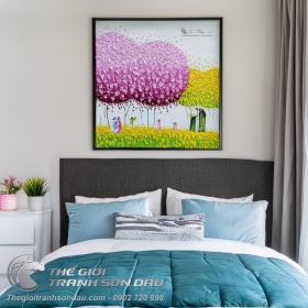 Tranh Sơn Dầu Phố Cây Màu Hồng