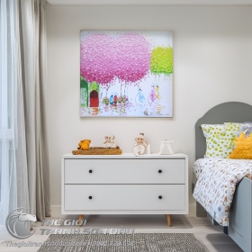 Tranh Sơn Dầu Phố Hiện Đại Cây Lá Hồng