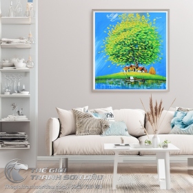 Tranh Sơn Dầu Phong Cảnh Cây Đắp Nổi Màu Xanh Lá