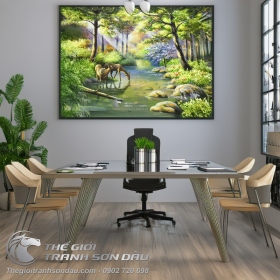Tranh Sơn Dầu Phong Cảnh Hai Con Nai Trong Rừng