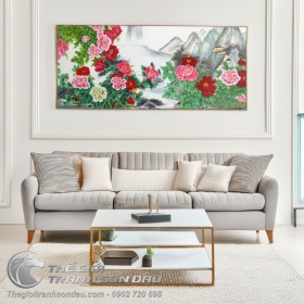 Tranh Sơn Dầu Phong Cảnh Thủy Mặc Vườn Hoa Mẫu Đơn