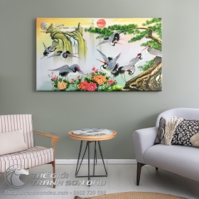 Tranh Sơn Dầu Phong Thủy Cây Tùng và Tám Con Hạc