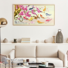 Tranh Sơn Dầu Phong Thủy Chín Con Cá Chép Và Hoa Lan