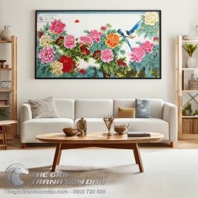 Tranh Sơn Dầu Phong Thủy Vườn Hoa Mẫu Đơn Và Đôi Chim