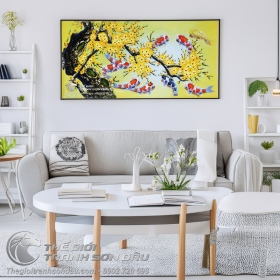 Tranh Sơn Dầu Vẽ Chín Con Cá Chép Dưới Gốc Mai Vàng