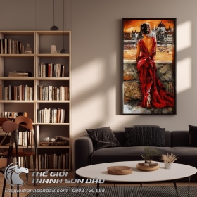 Tranh Sơn Dầu Vẽ Cô Gái Mặc Đầm Đỏ