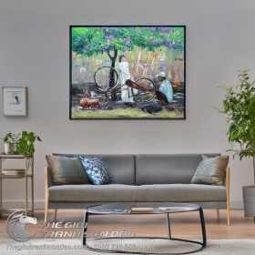 Tranh Sơn Dầu Vẽ Cô Gái Sửa Xe Đạp