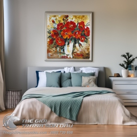 Tranh Sơn Dầu Vẽ Dày Màu Hoa Đỏ Đẹp