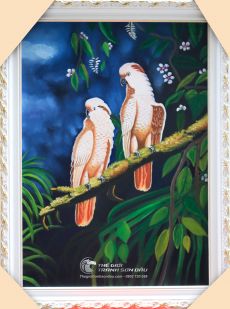 Tranh Sơn Dầu Vẽ Đôi Chim Lông Trắng Đẹp