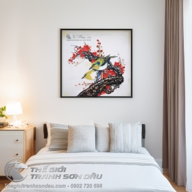Tranh Sơn Dầu Vẽ Đôi Chim Trên Cành Đào Đỏ