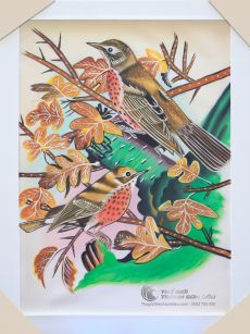 Tranh Sơn Dầu Vẽ Đôi Chim Trên Cành Lá Phong