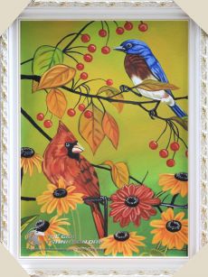 Tranh Sơn Dầu Vẽ Đôi Chim Và Hoa Mùa Thu