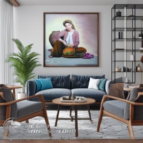Tranh Thiếu Nữ Mặc Áo Yếm Tách Đài Sen