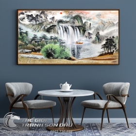 Tranh Thủy Mặc Đò Qua Thác Đổ Hùng Vĩ